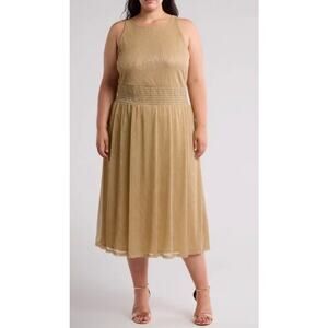Marina Smocked Wasit Midi Gold Shimmer Cocktail Dress Plus Size 1X